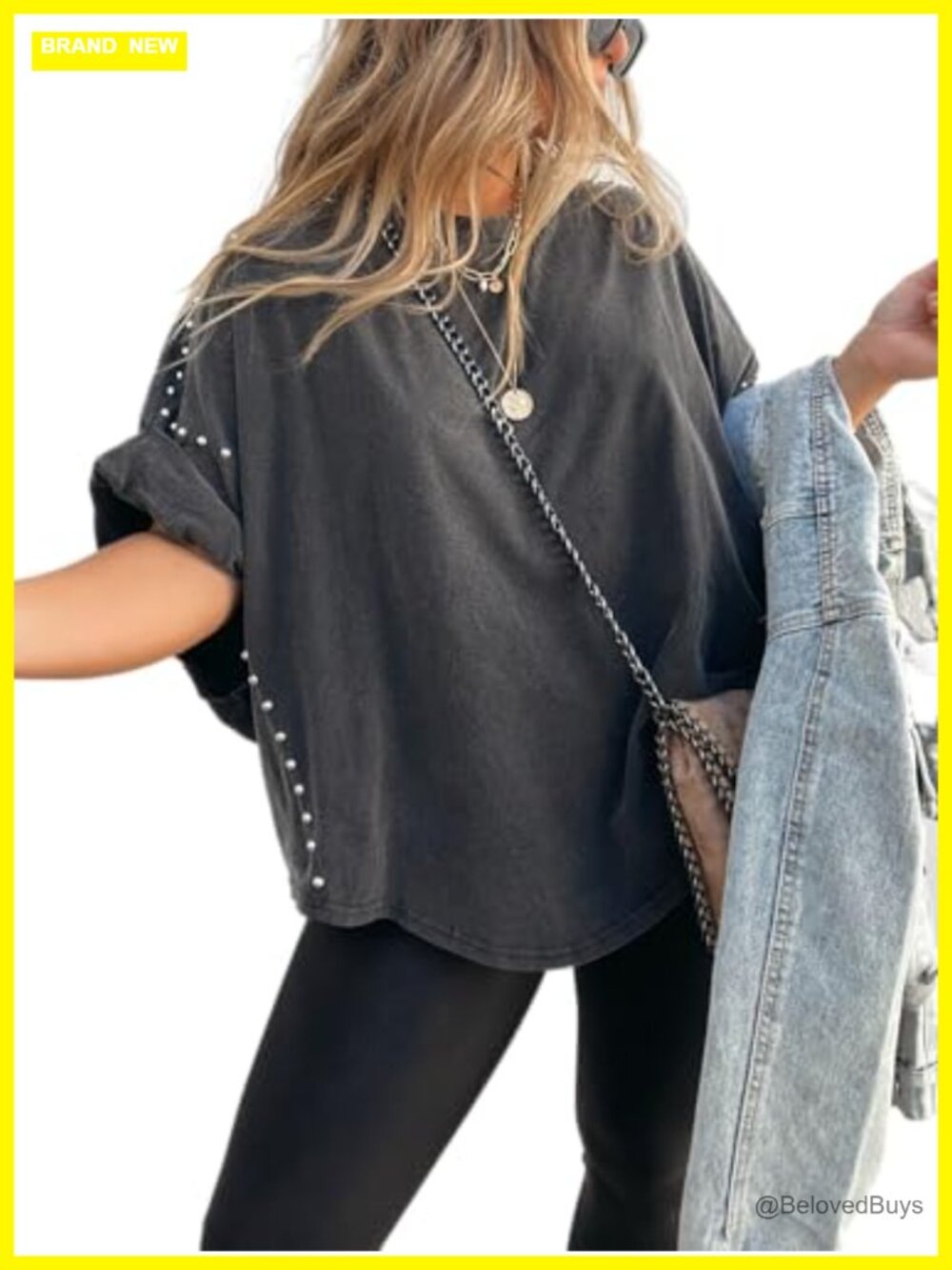 Oversized Batwing Sleeve Studded T-Shirt Asymmetric Hem Loose Fit Casual Top